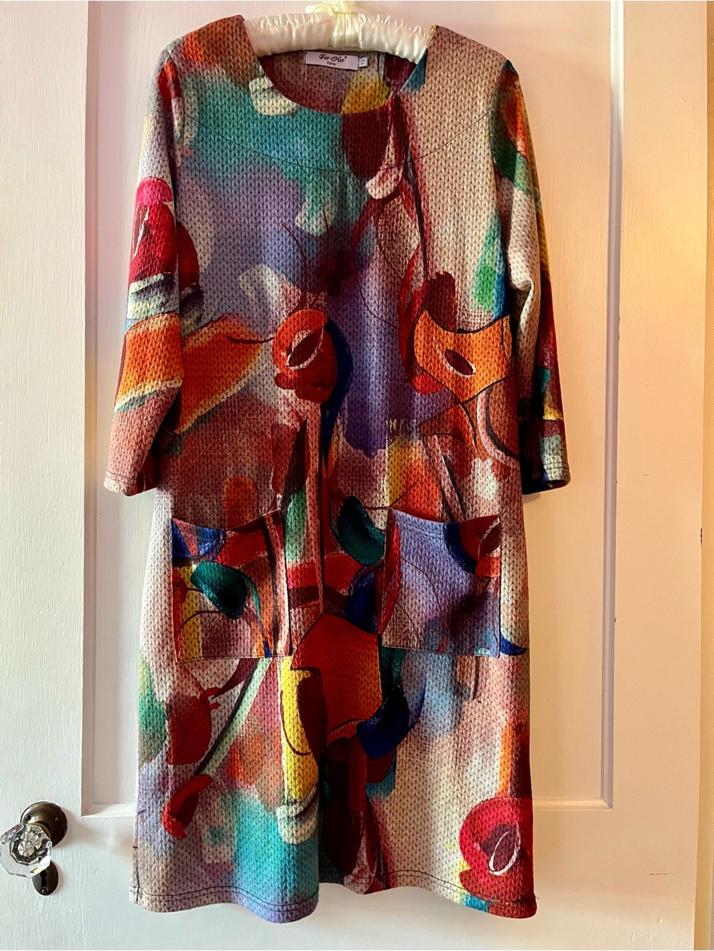 Colorful Abstract Artistic 3/4 Sleeve Shift Dress in Fall Colors Painterly